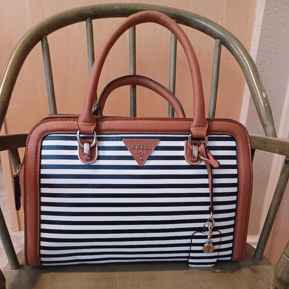 GUESS Handbag Satchel Black & White Striped with Wallet Beautiful Condition - Picture 1 of 16